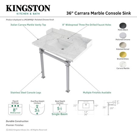 Kingston Brass 36 Carrara Marble Console Sink with Stainless Steel Legs, Marble WhiteBrushed Brass LMS36MSQ7